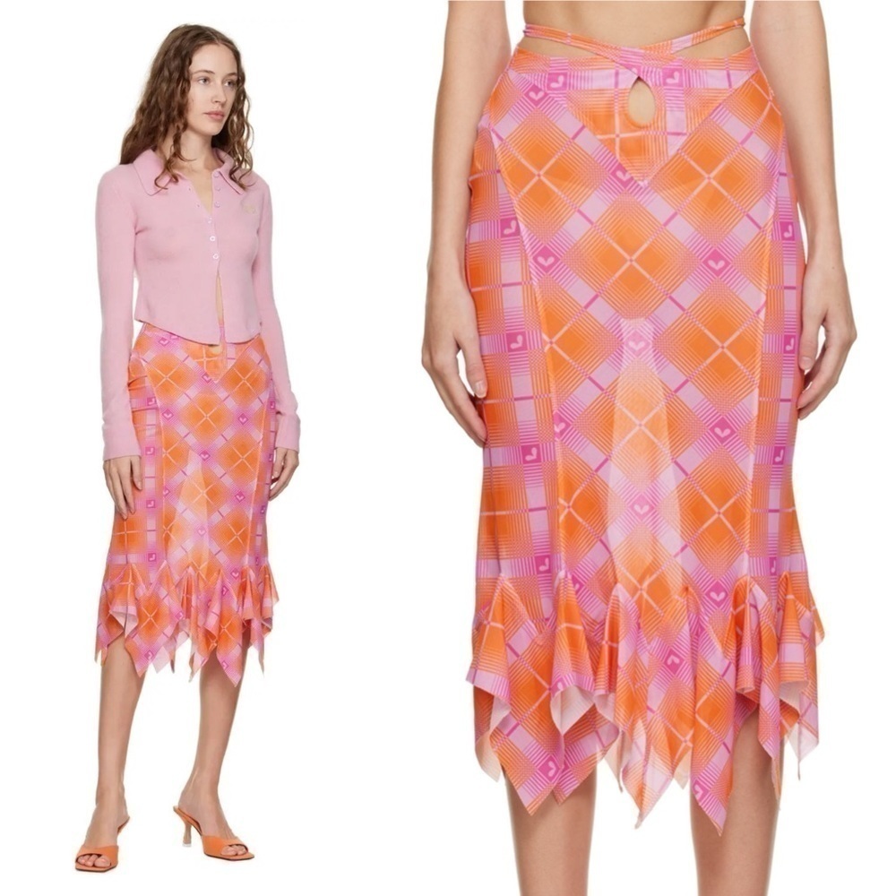 Sultry Virgin Check Midi Skirt - Orange XS